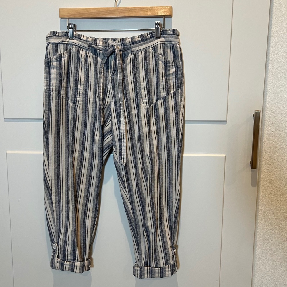 Cottagecore Culotte 1850 Linen‎ Blend Striped Drawstring Crop Pants Womens Large